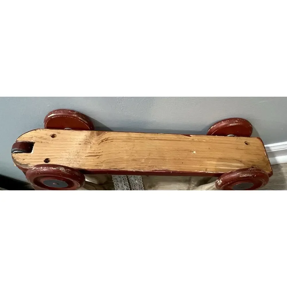 Antique Primitive Folk Art Wooden Horse Pull Toy on Wheels Leather Saddle 22”